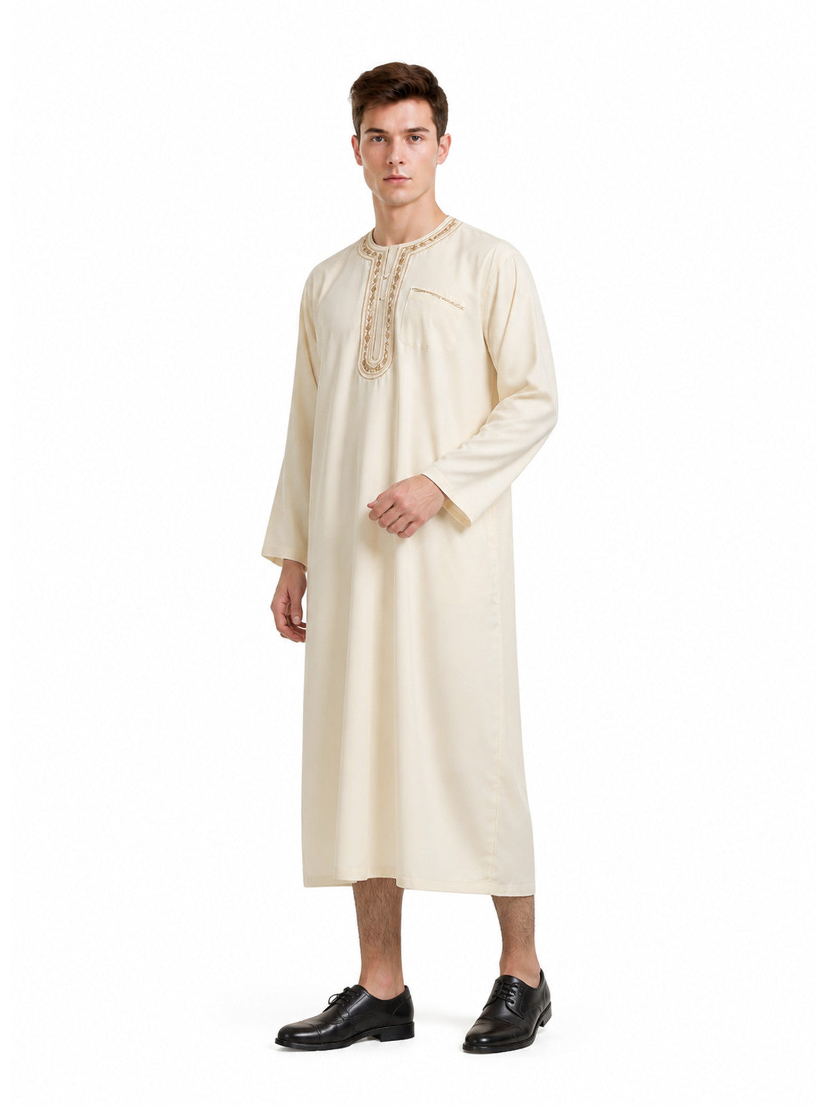 Cream long-sleeve tunic robe with embroidered neckline and chest pocket, shown on a model in a three-quarter full-body view