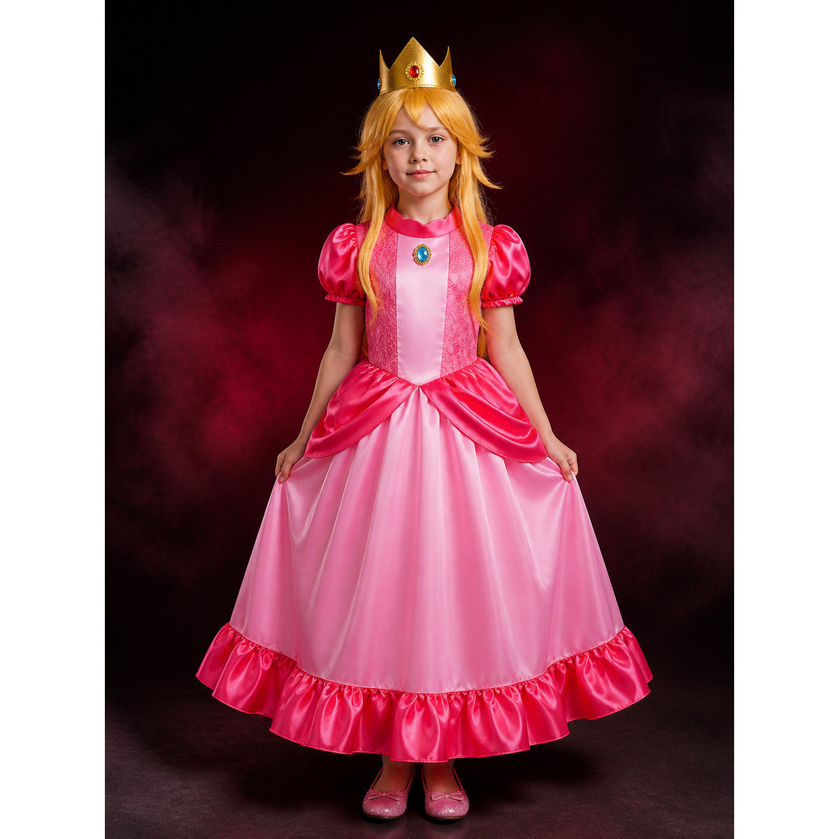 Kids Girls Pink Princess Costume Dress with Crown & Wig, Lace Ball Gown for lifestyle