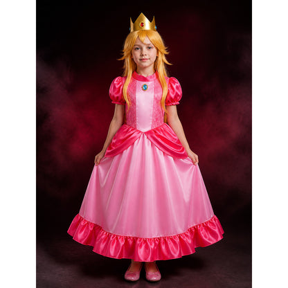 Kids Girls Pink Princess Costume Dress with Crown & Wig, Lace Ball Gown for lifestyle