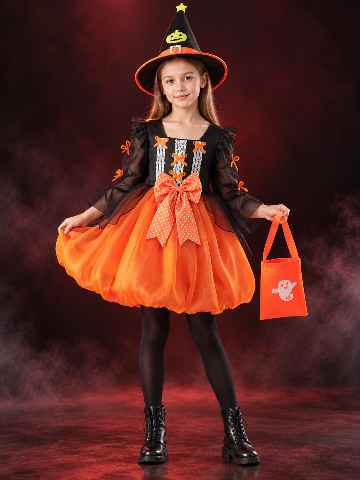 Kids' Carnival Costume with Pumpkin Skirt and Light-Up Detail