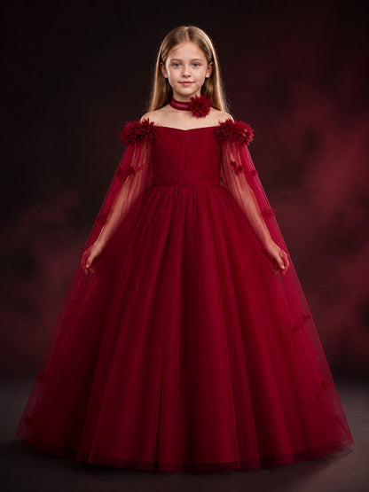 Girls’ Maroon Princess Dress with Tulle Ball Gown Skirt and Necklace