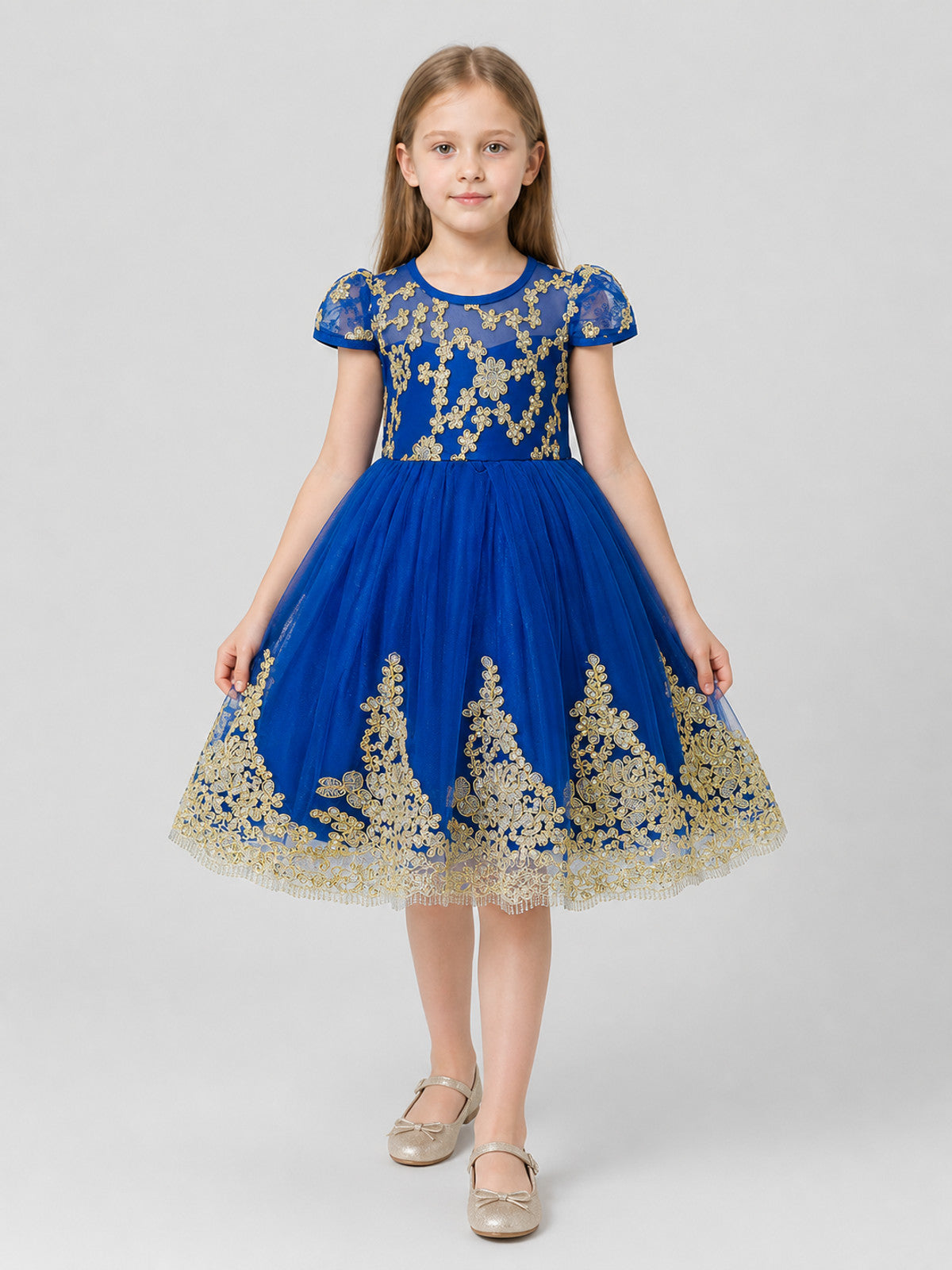 Full-Skirted Dress with Gold Embroidery, Bow, and Sequins Costume Dresses detail