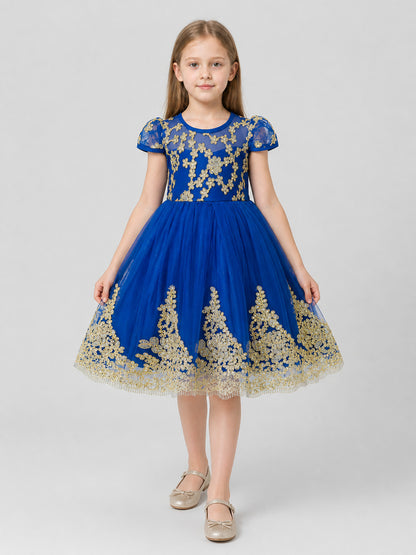 Full-Skirted Dress with Gold Embroidery, Bow, and Sequins Costume Dresses detail