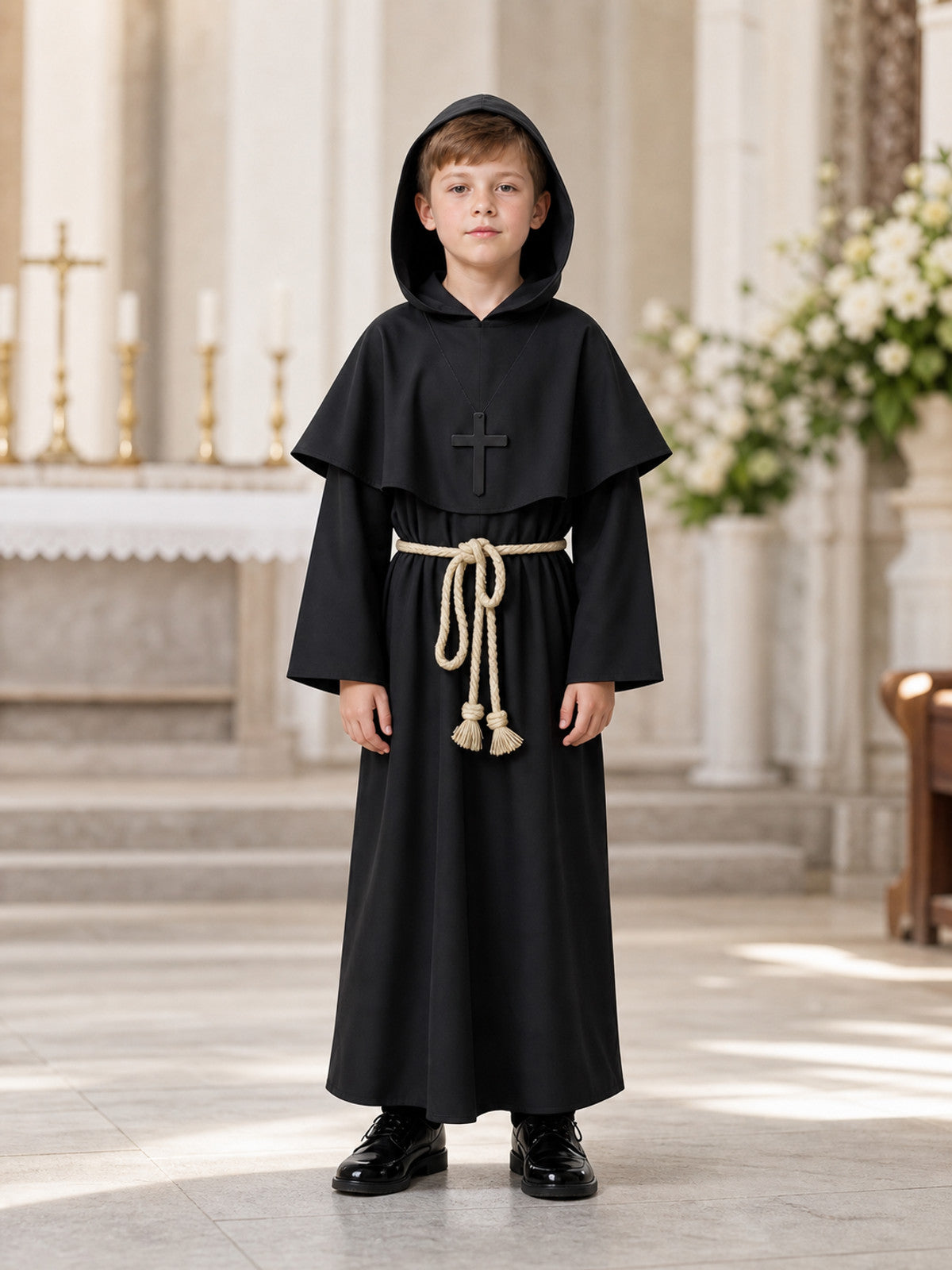 Full-body child model wearing a black hooded robe with a cross detail and cord belt in an indoor church setting