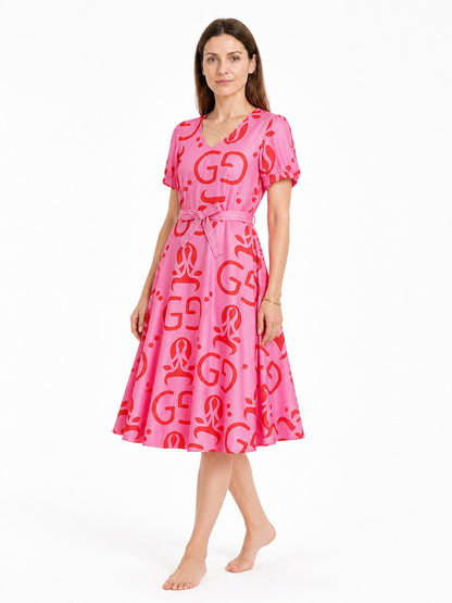 Pink cosplay dress with red print and accessories