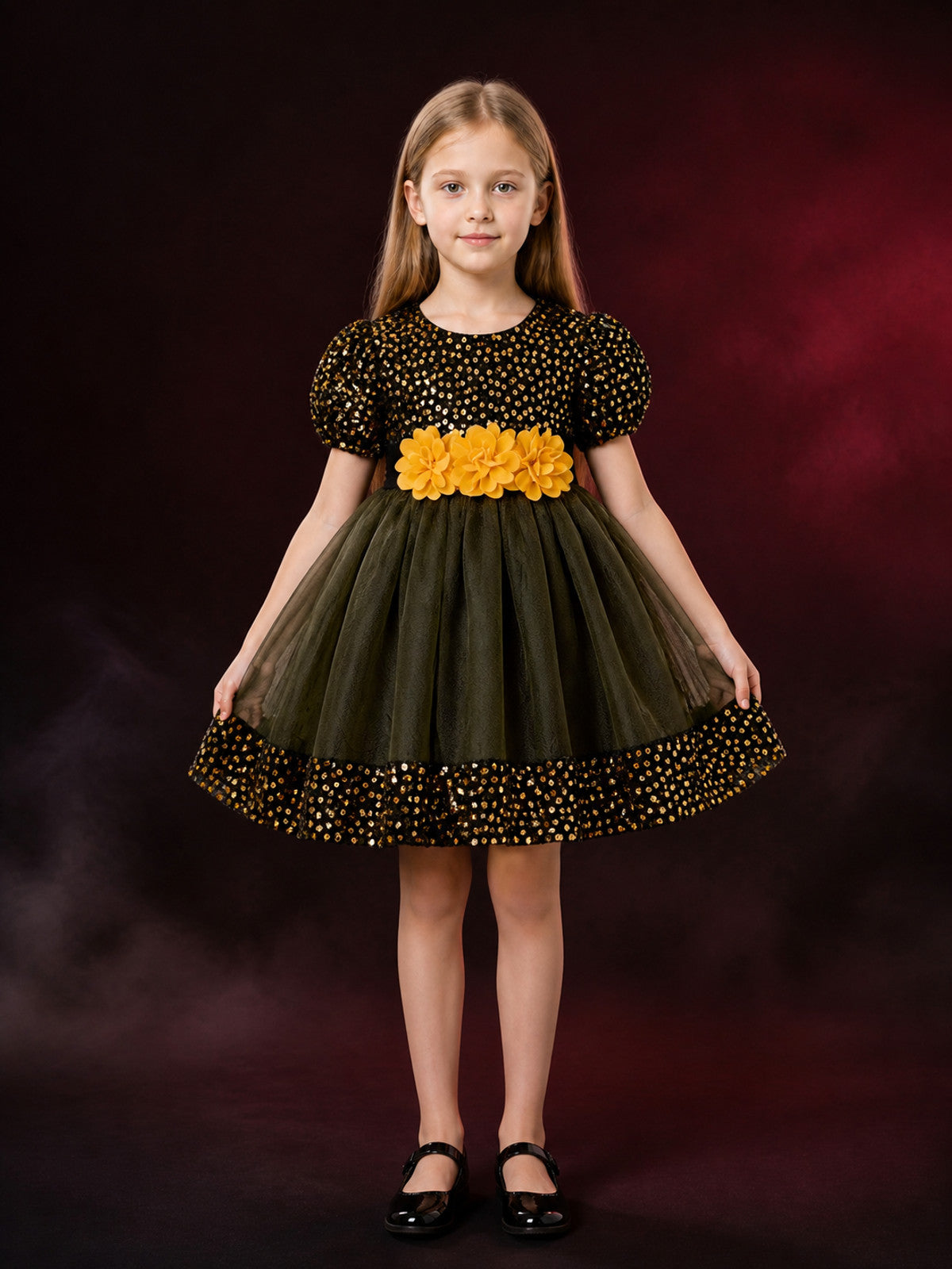 Baby Girls' Sequined Princess Dress with 3D Flowers and Tulle Skirt main product view