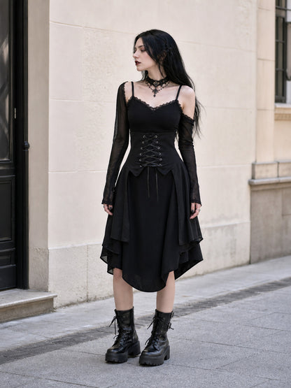Black Gothic Lace-Up Top with Layered Hem product detail