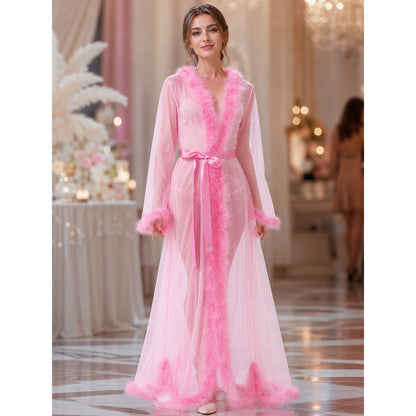 Semi-Sheer Long Robe with Pile Trim