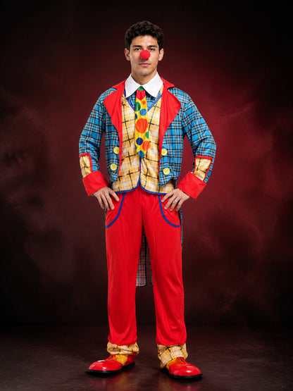 Unisex Clown Halloween Costume Set, Blue Checkered Coat with Red Trim, Matching main product view