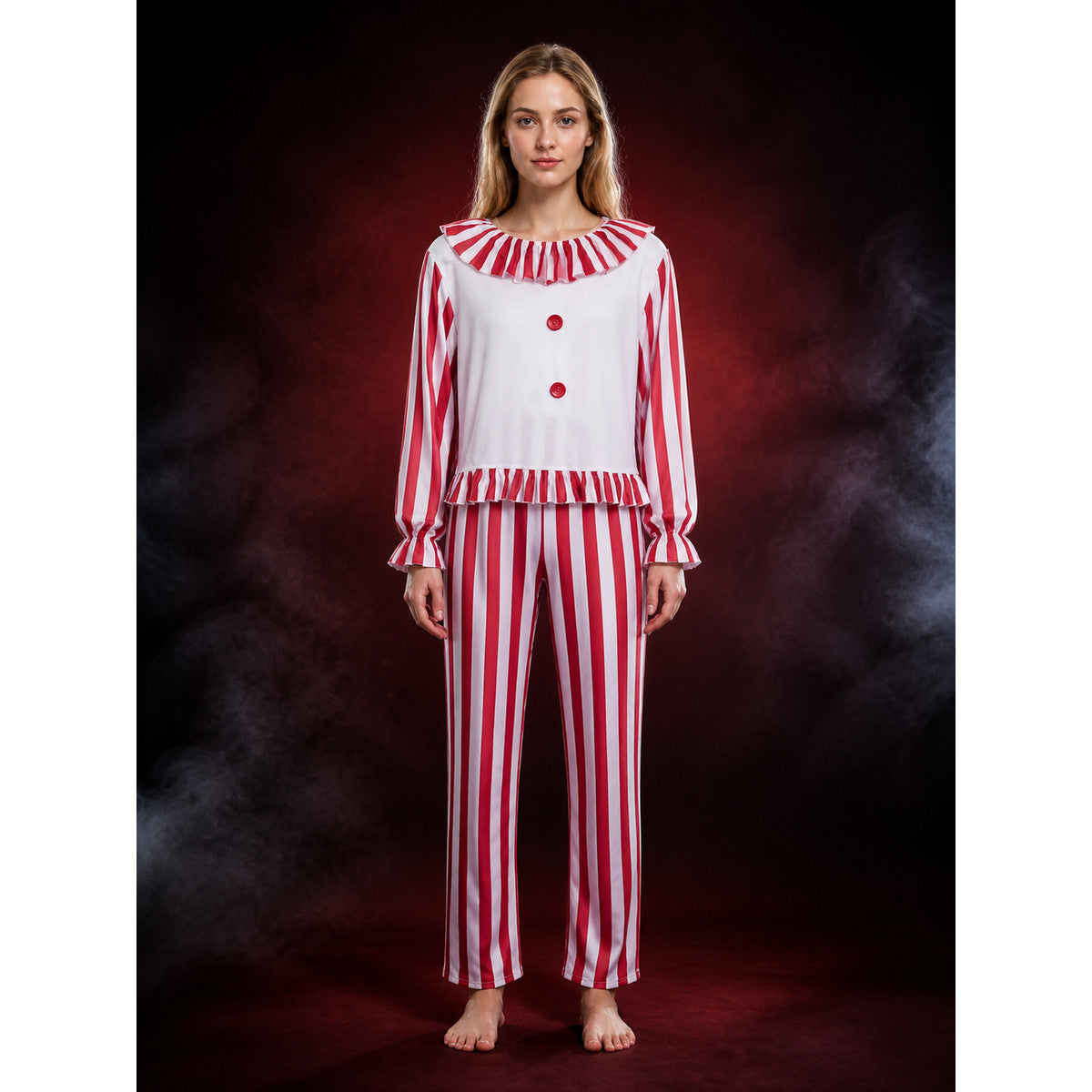 Red White Striped Clown Costume Set with Ruffle Collar and Cuffs main product view