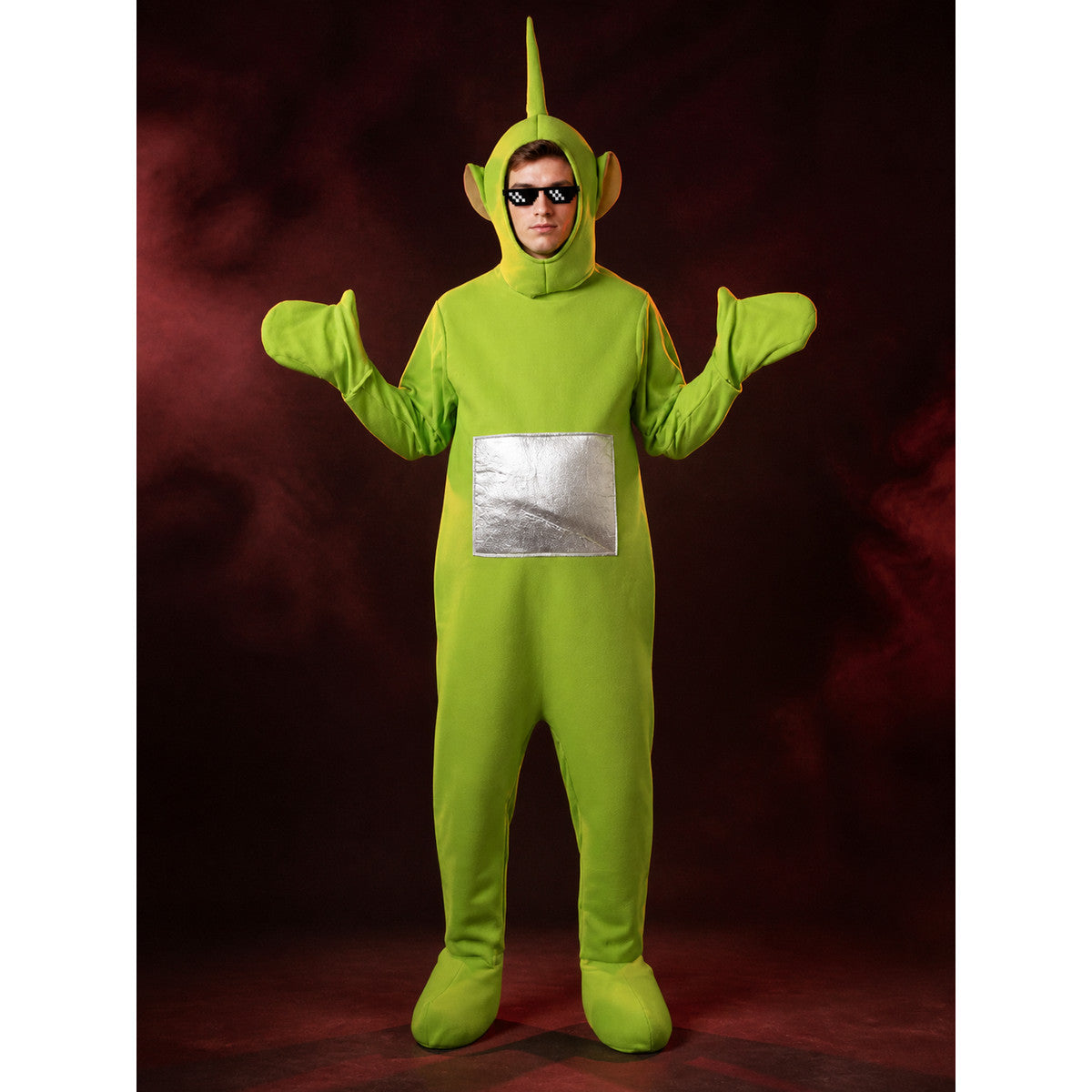 Adult Unisex Green Hooded Character Onesie Costume with Antenna, Pixel Glasses & lifestyle