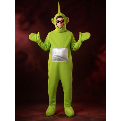 Adult Unisex Green Hooded Character Onesie Costume with Antenna, Pixel Glasses & lifestyle