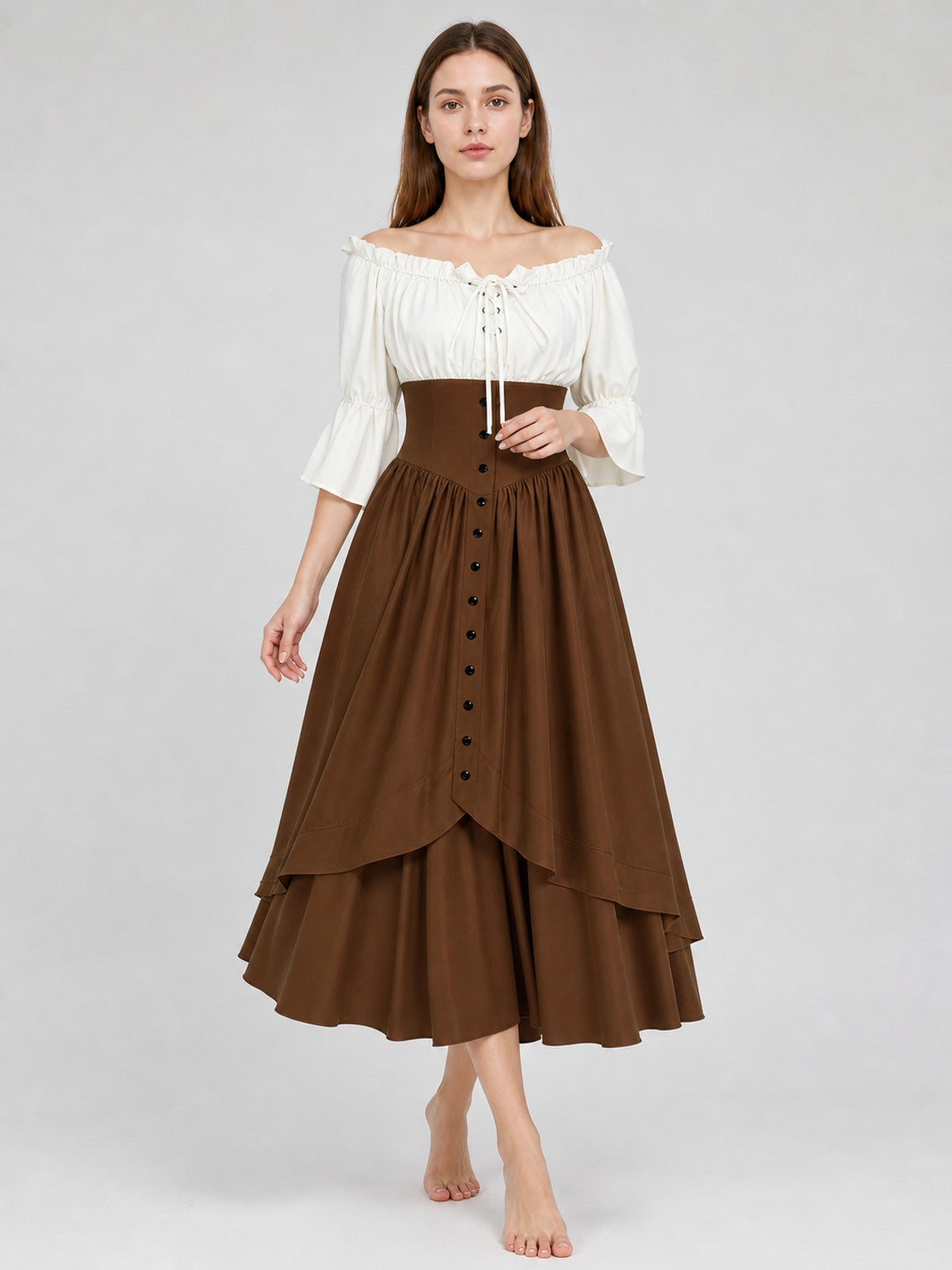 Brown Medieval-Style Dress with Ruffles