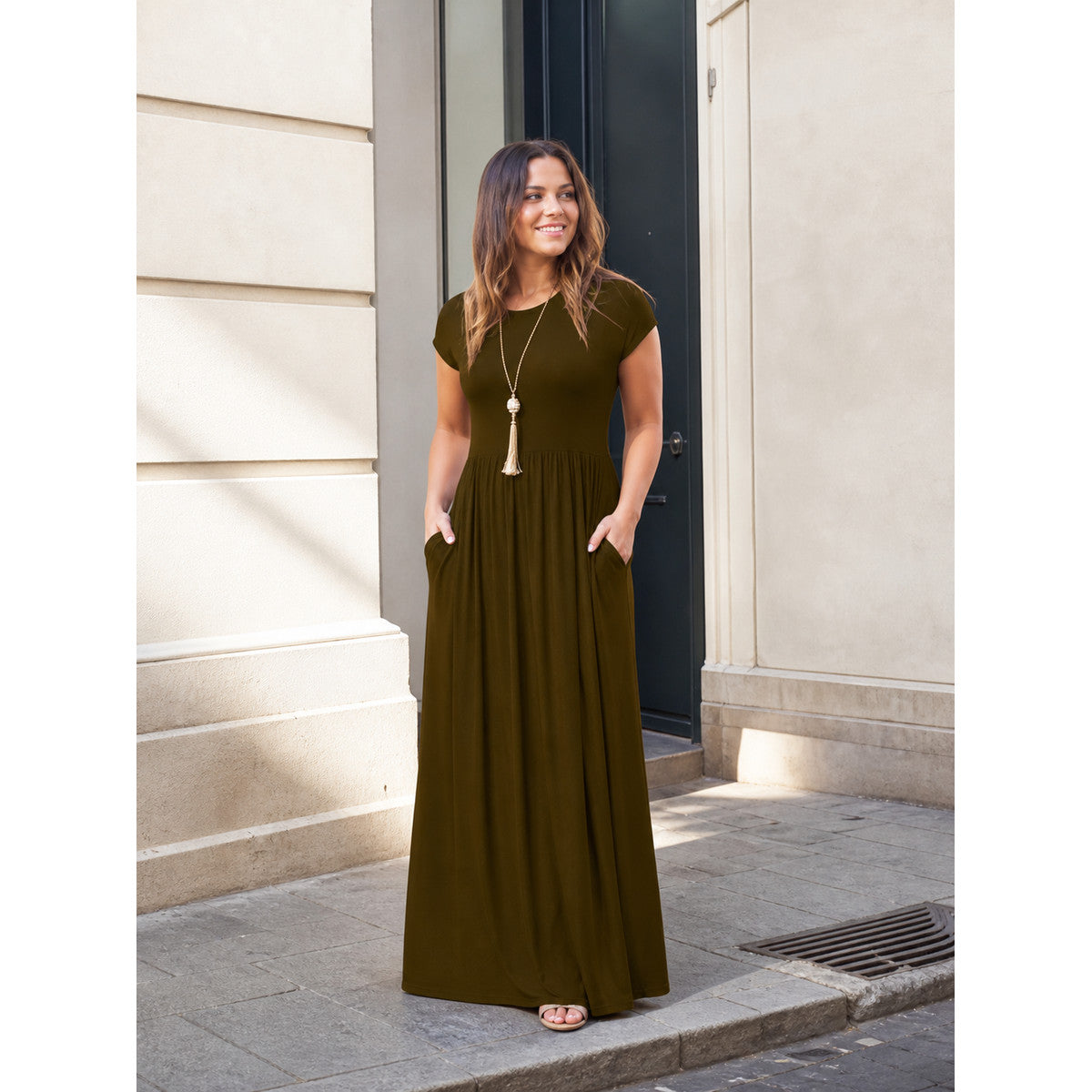 Maxi Dress with a V-Neck and Vertical Texture