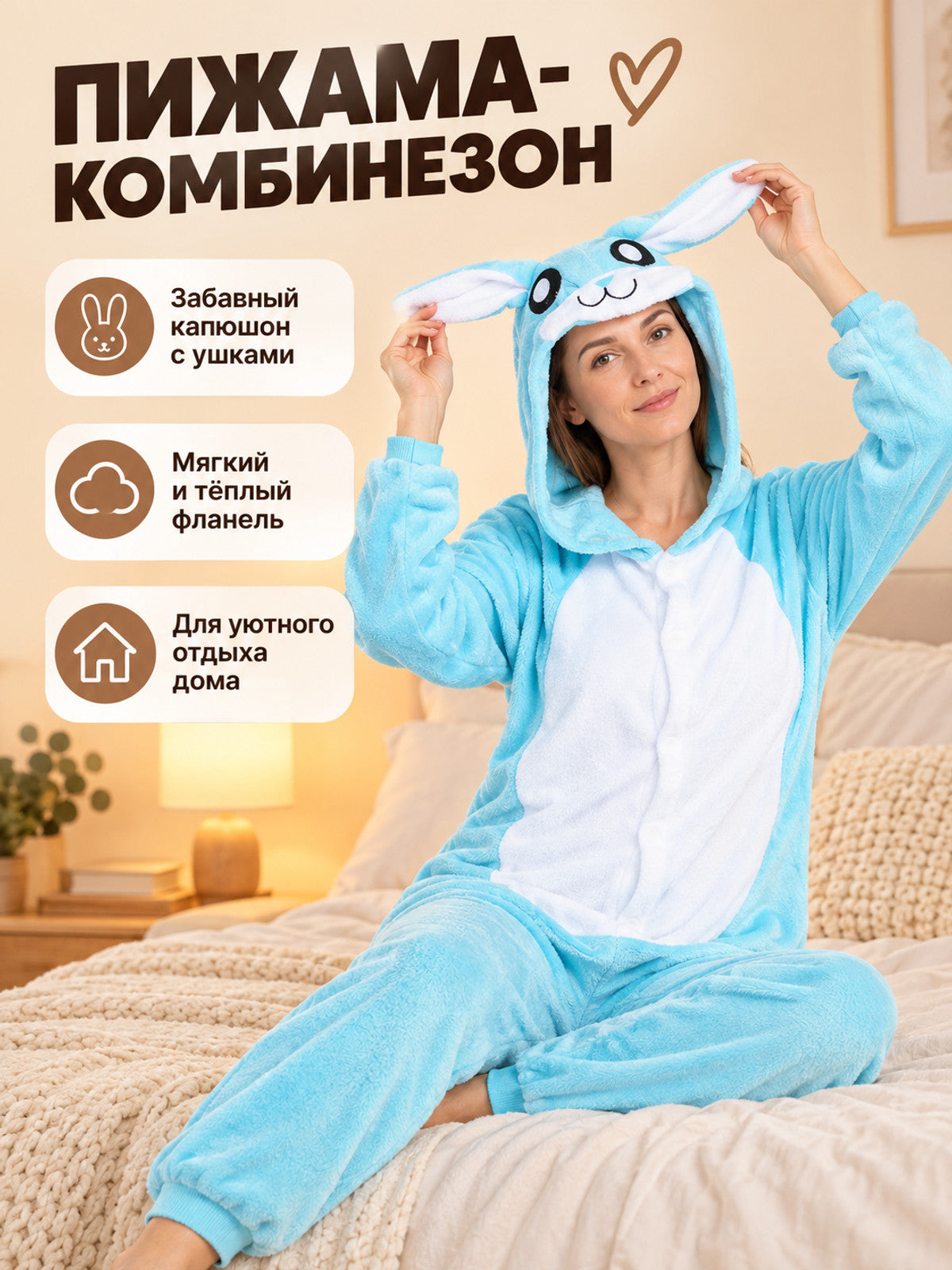 Light blue pajama jumpsuit with a hood and rabbit ears