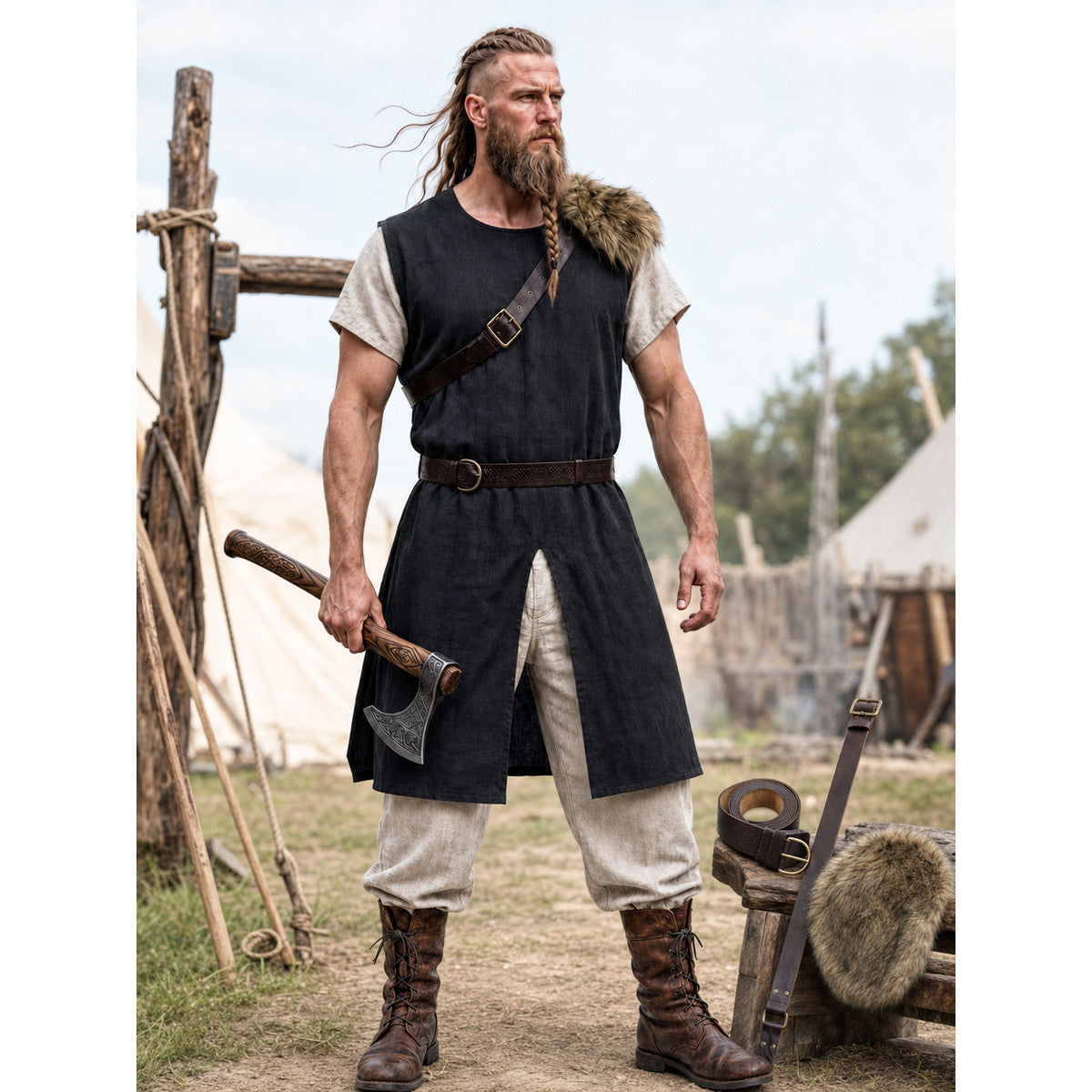 Black Sleeveless Tunic with Fur Trim and Belt lifestyle view