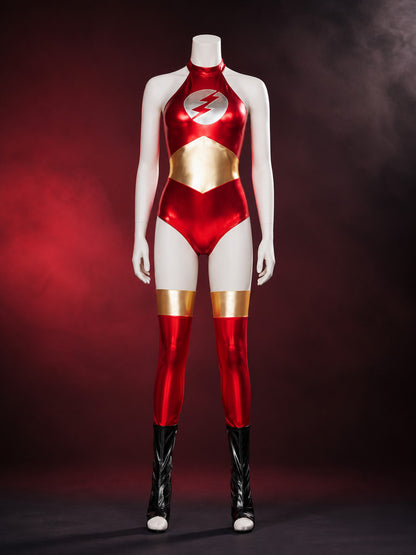 Adult Flash-Themed Sleeveless High-Neck Bodysuit Costume With Foot Covers