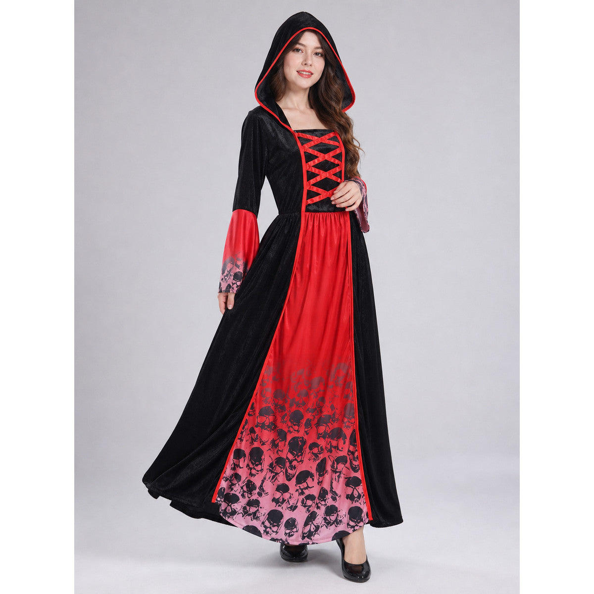 Hooded vampire costume dress, gothic look on-model front view