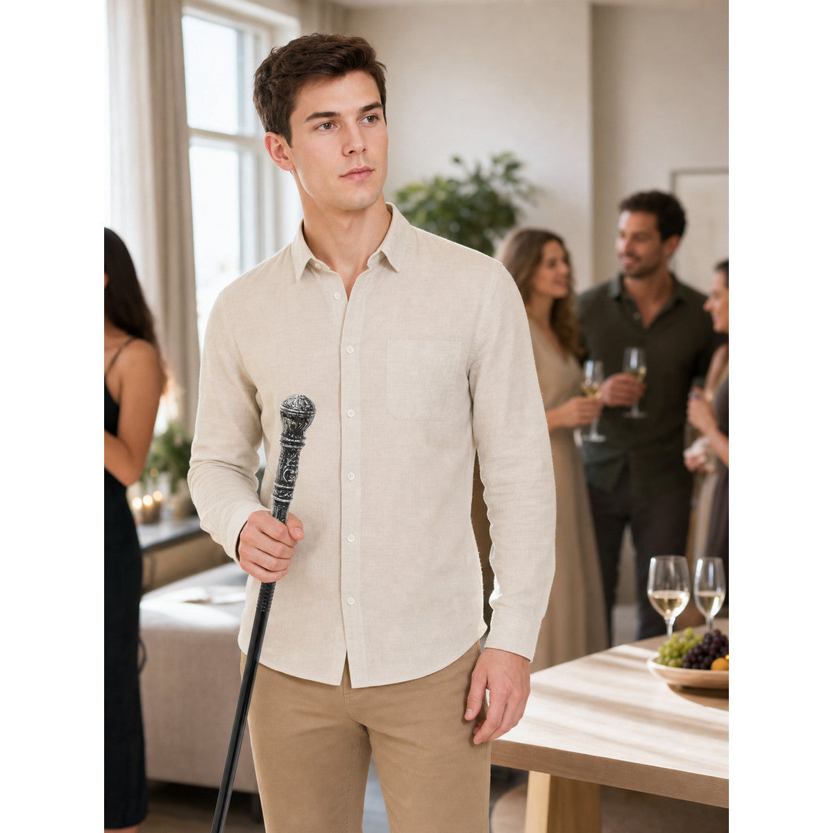 Prop cane with a silver carved handle, in a black-and-silver color scheme with a retro and gothic style lifestyle