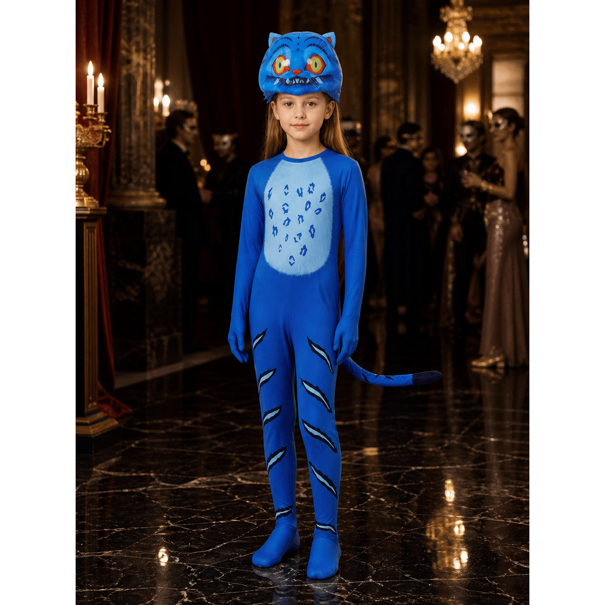 Blue and Black Tiger Costume Bodysuit with Headpiece, Full Body Animal Onesie Costume Headwear detail