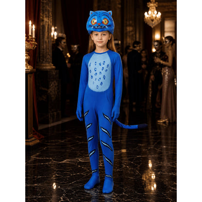 Blue and Black Tiger Costume Bodysuit with Headpiece, Full Body Animal Onesie Costume Headwear detail