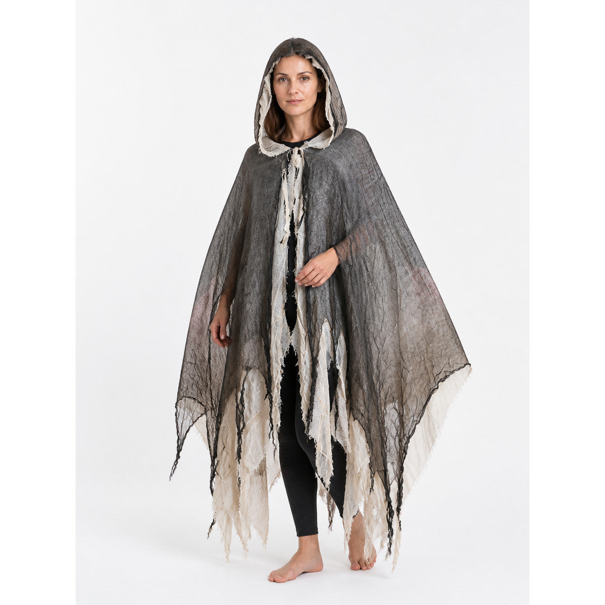 Tattered Black-and-White Hooded Cloak for Halloween Costume Capes detail