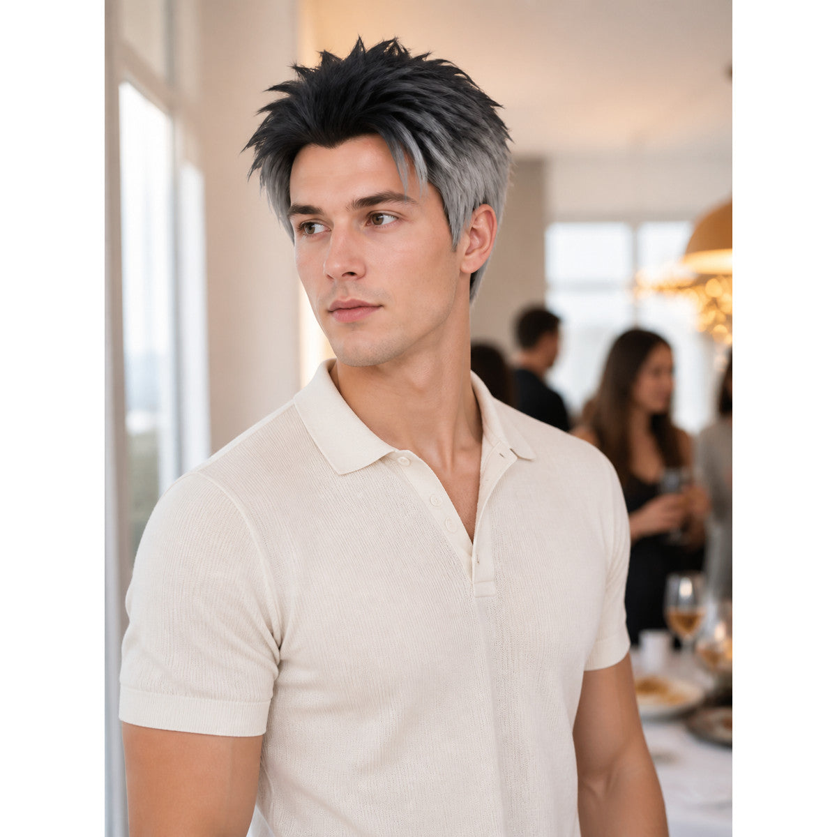 Gray-and-Black Carnival Wig for Halloween and Cosplay lifestyle view