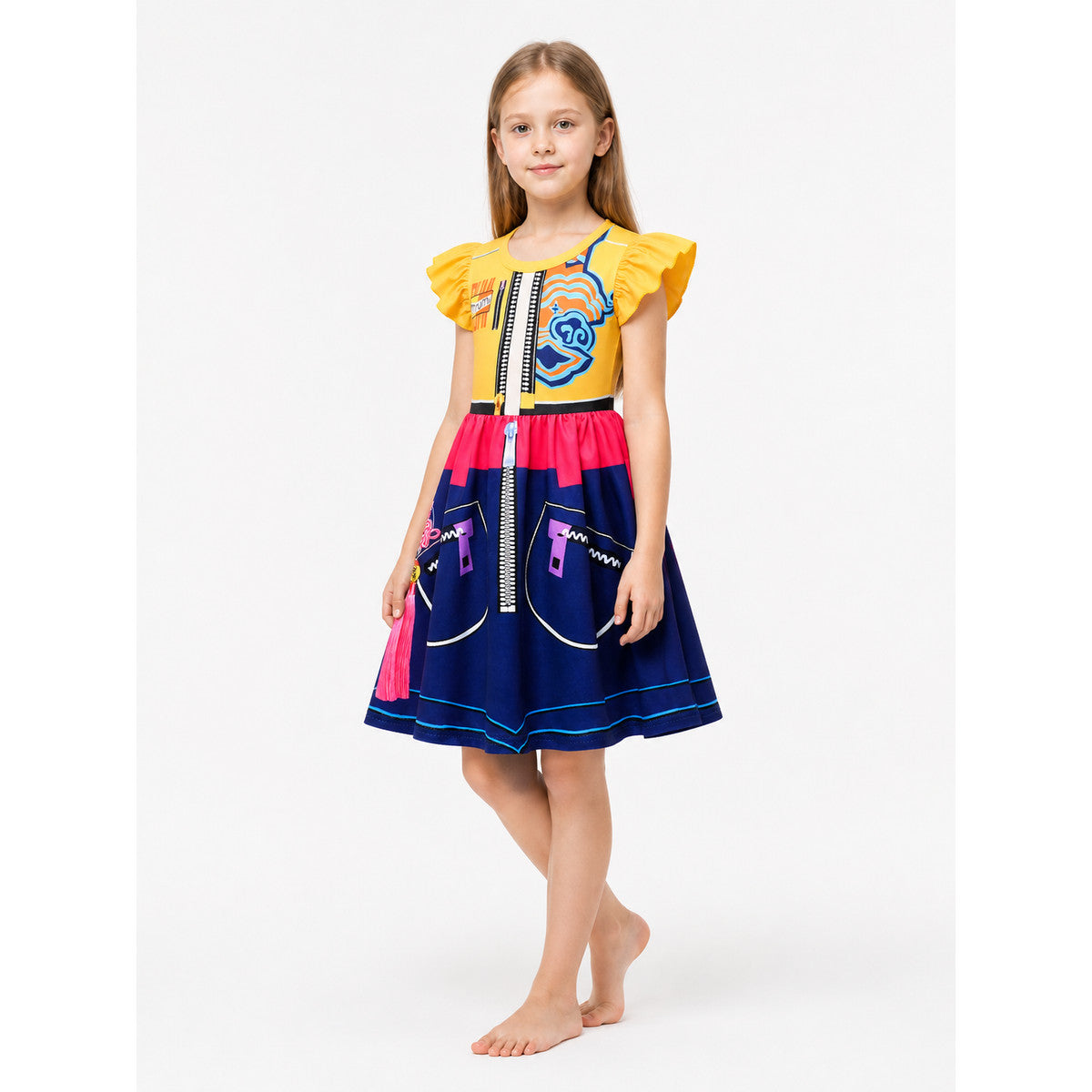 Colorful Children's Dress with Lightning Print and Ruffles