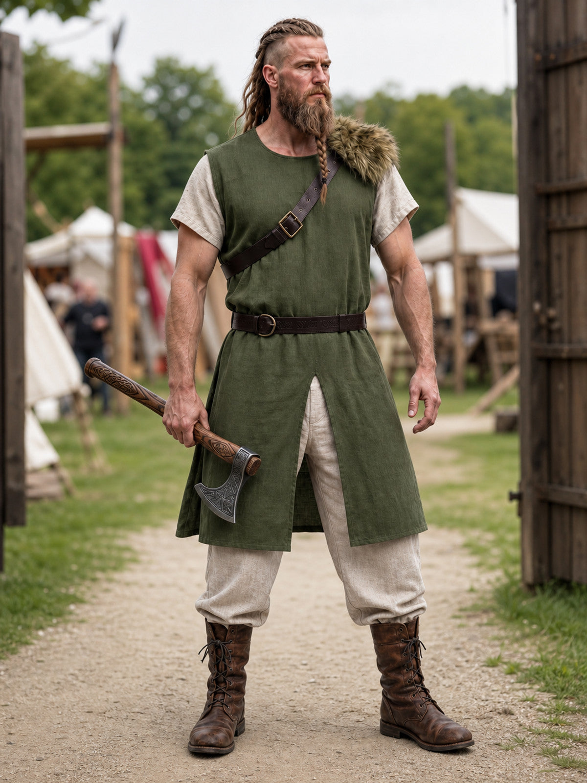Full-body outdoor model wearing a green sleeveless vest with fur shoulder trim, brown waist belt, split hem and boots