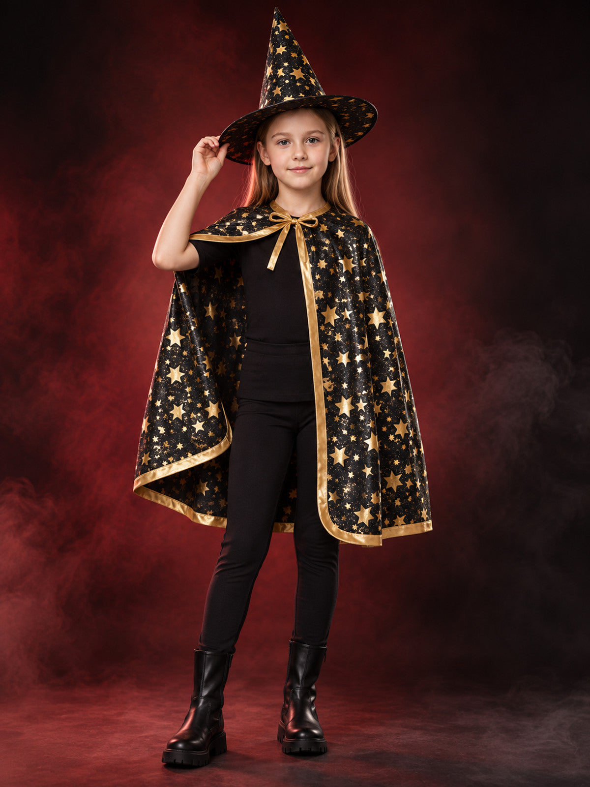 Kids' Costume: Black Cape and Hat with Stars