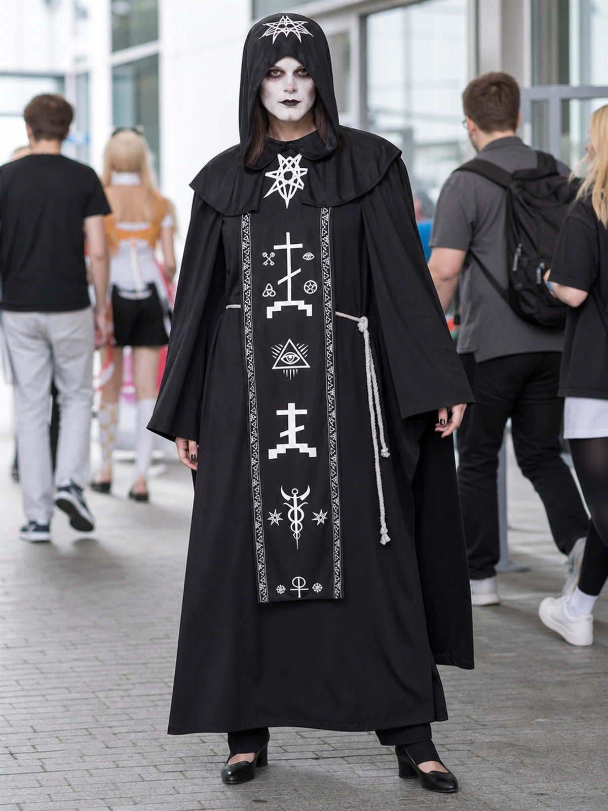 Gothic Black Hooded Robe with Symbols lifestyle view
