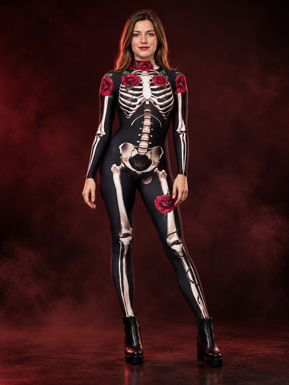 Skeleton Costume Jumpsuit with Print and Red Roses