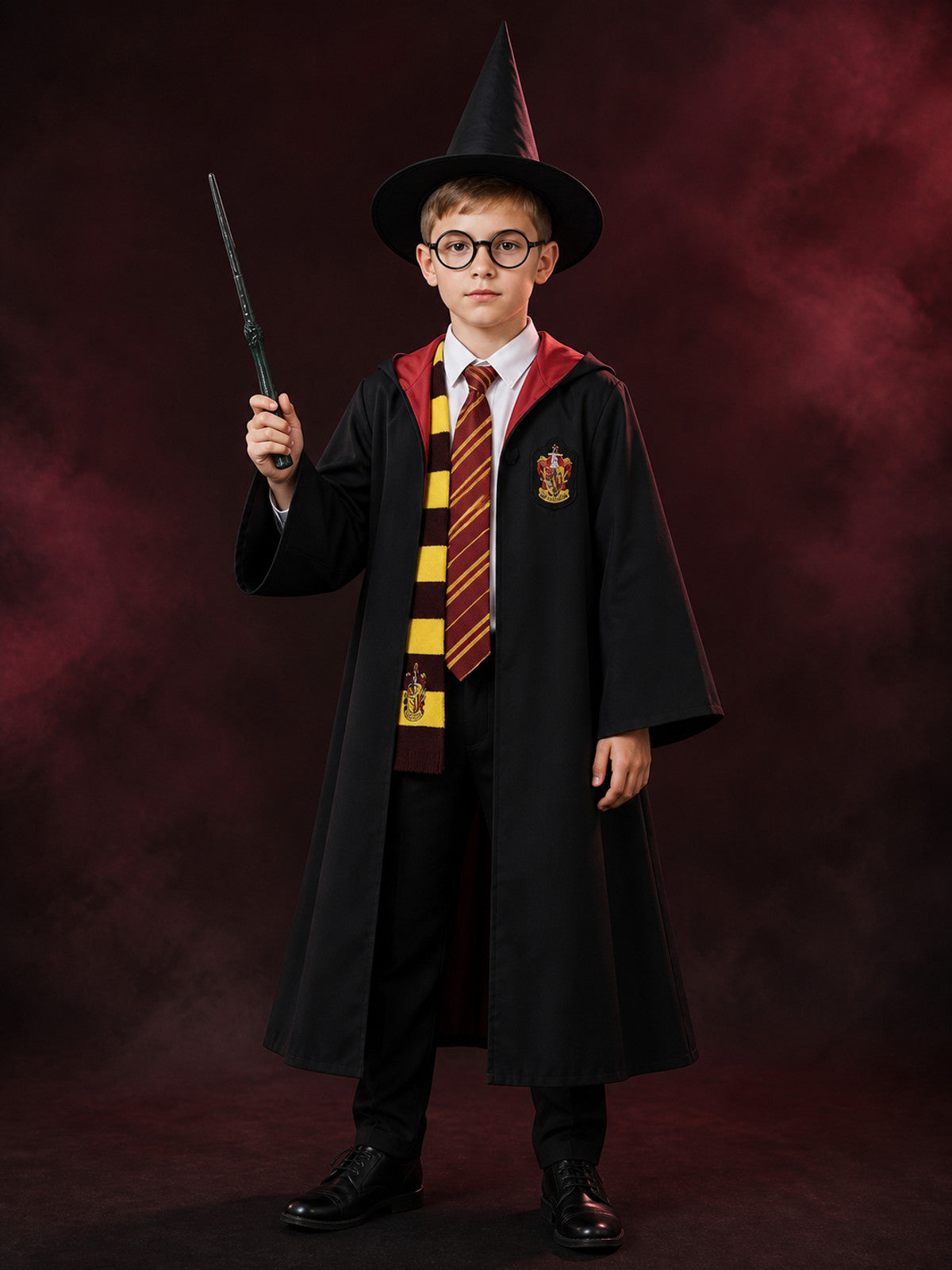 Wizard Costume Set With Hooded Robe, Shirt, Trousers, Tie, Scarf, Hat, Glasses & main product view