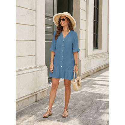 Women's Blue V-Neck Button-Front Romper