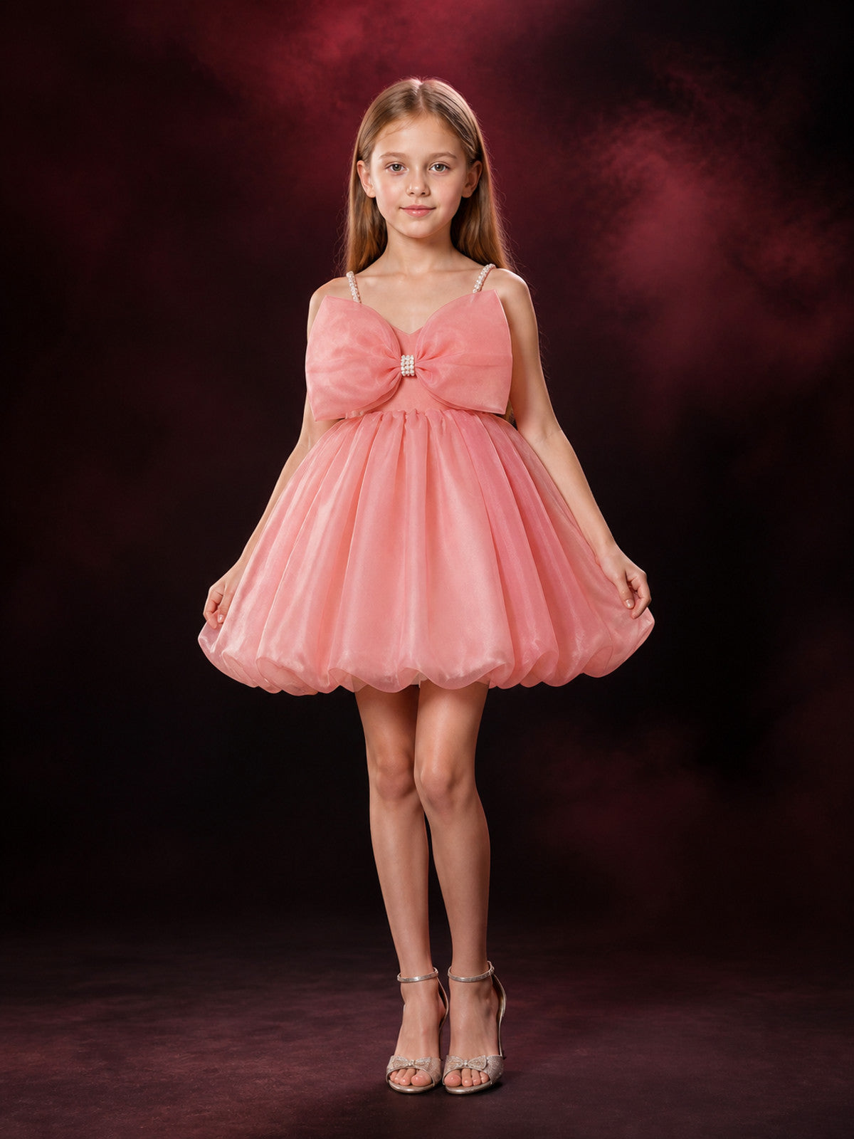 Baby Girls' Dusty Pink Princess Dress with Layered Tulle Skirt and Rhinestone main product view