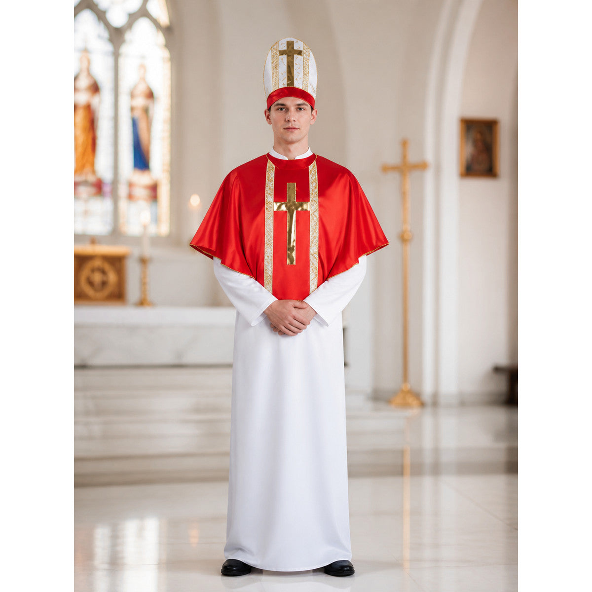 Priest Costume with Red Cape and Hat