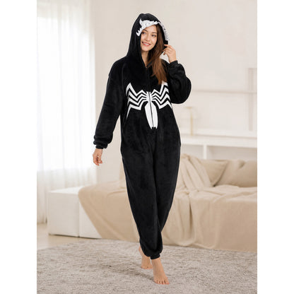 Hooded jumpsuit with zipper and spider print lifestyle view