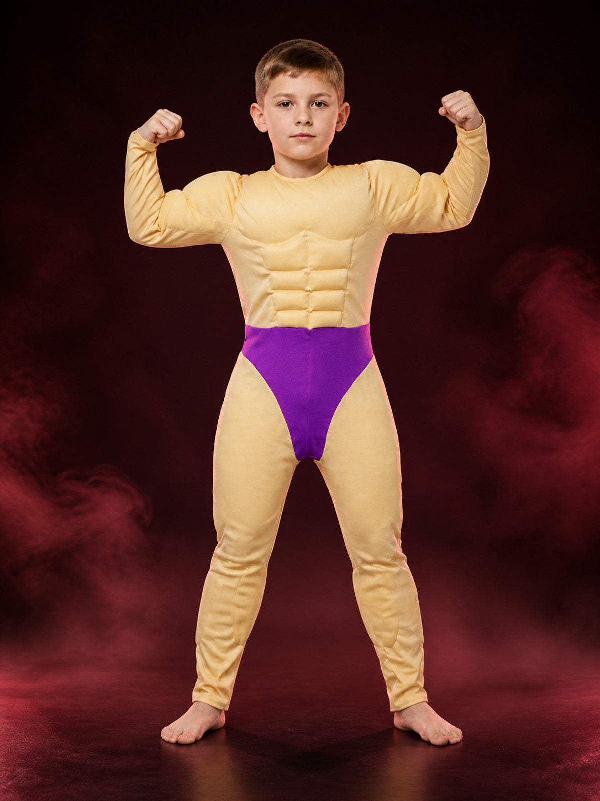 Kids' Funny Padded Muscle Bodysuit Costume, Yellow and Purple Halloween Cosplay main product view