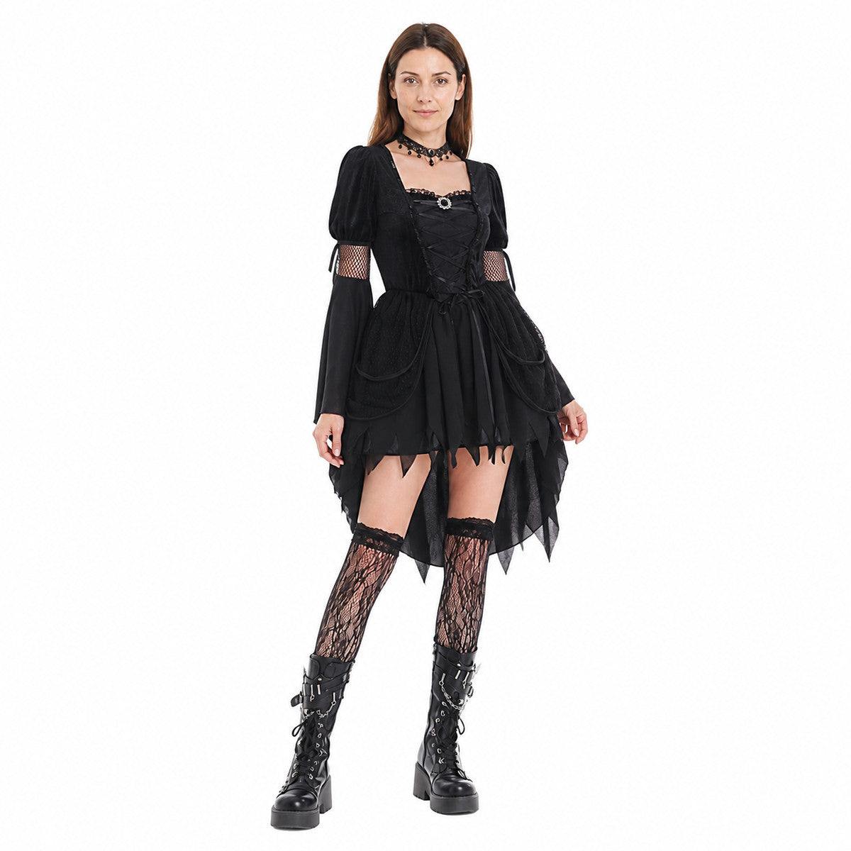 Black Gothic Dress with Asymmetrical Hem and Accessories Costume Dresses detail