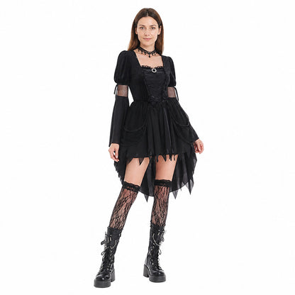 Black Gothic Dress with Asymmetrical Hem and Accessories Costume Dresses detail