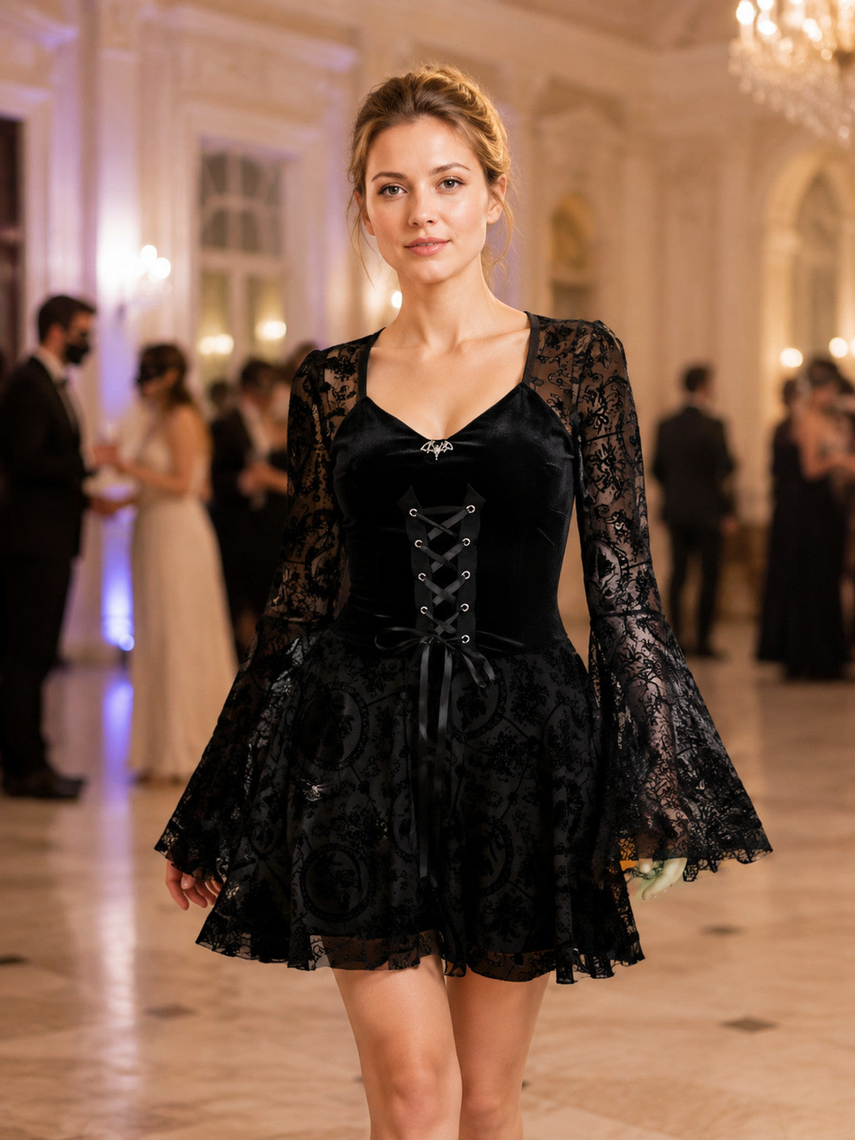 Short Black Dress with Lacing and Lace Pattern lifestyle view