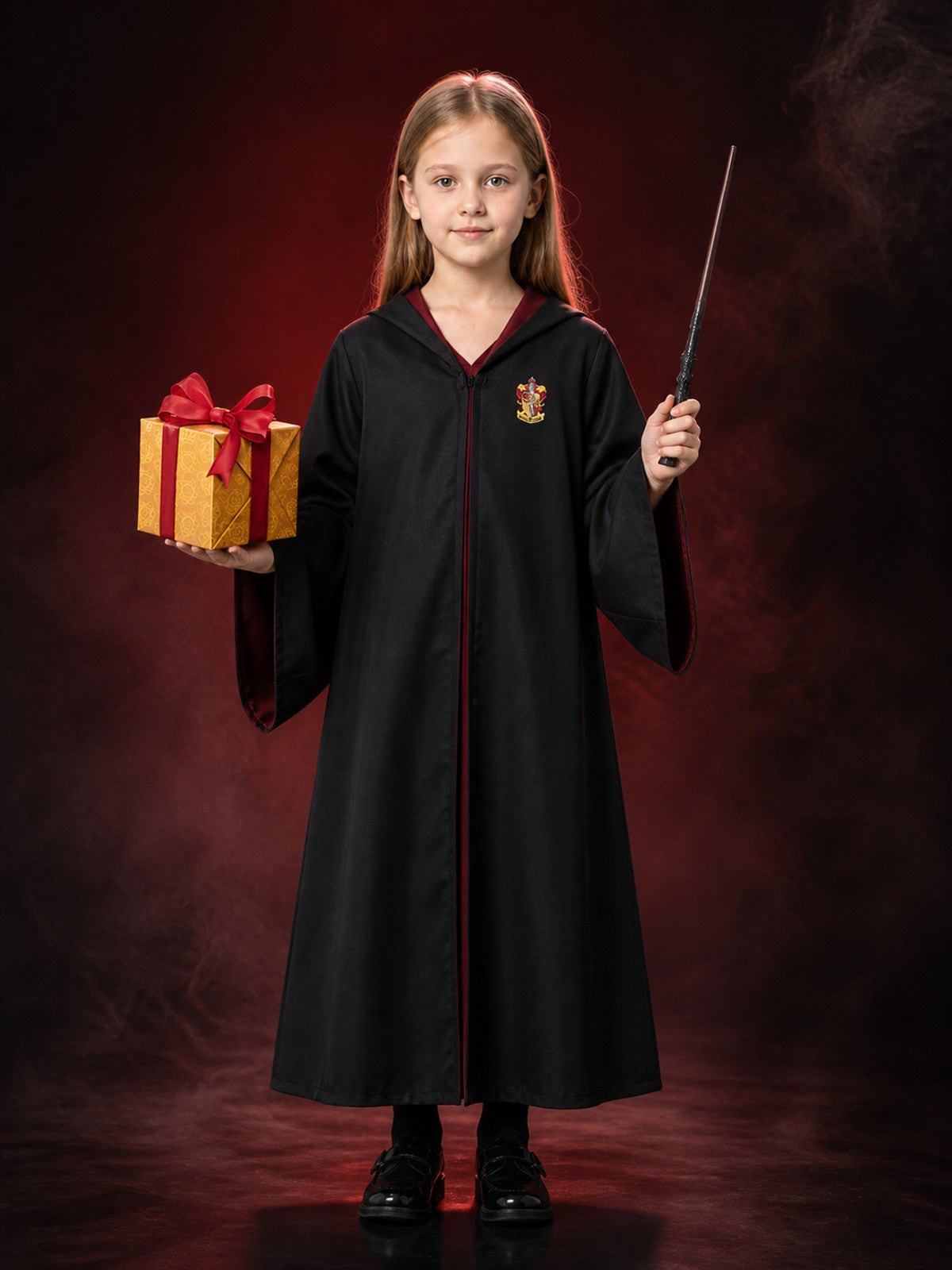Black Hooded Wizard Robe Costume Set With Crest And Magic Wand main product view