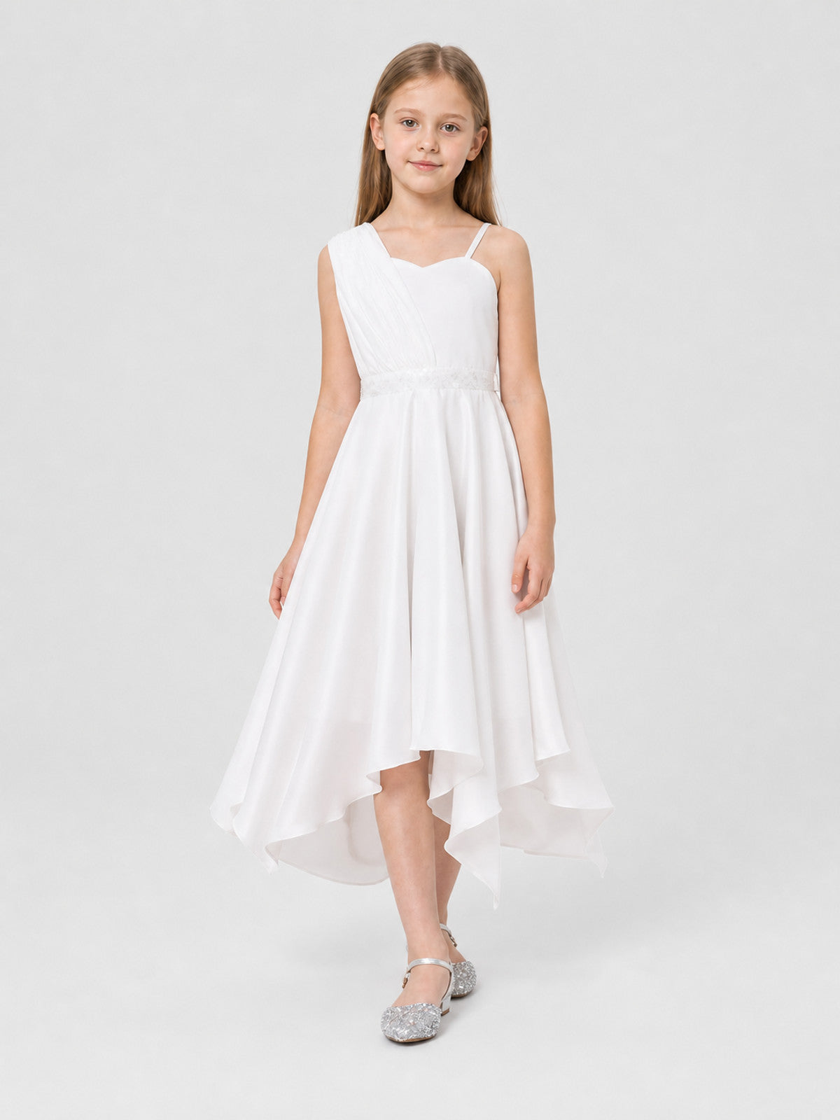 White Dressy Children's Dress with an Asymmetrical Skirt Costume Dresses detail