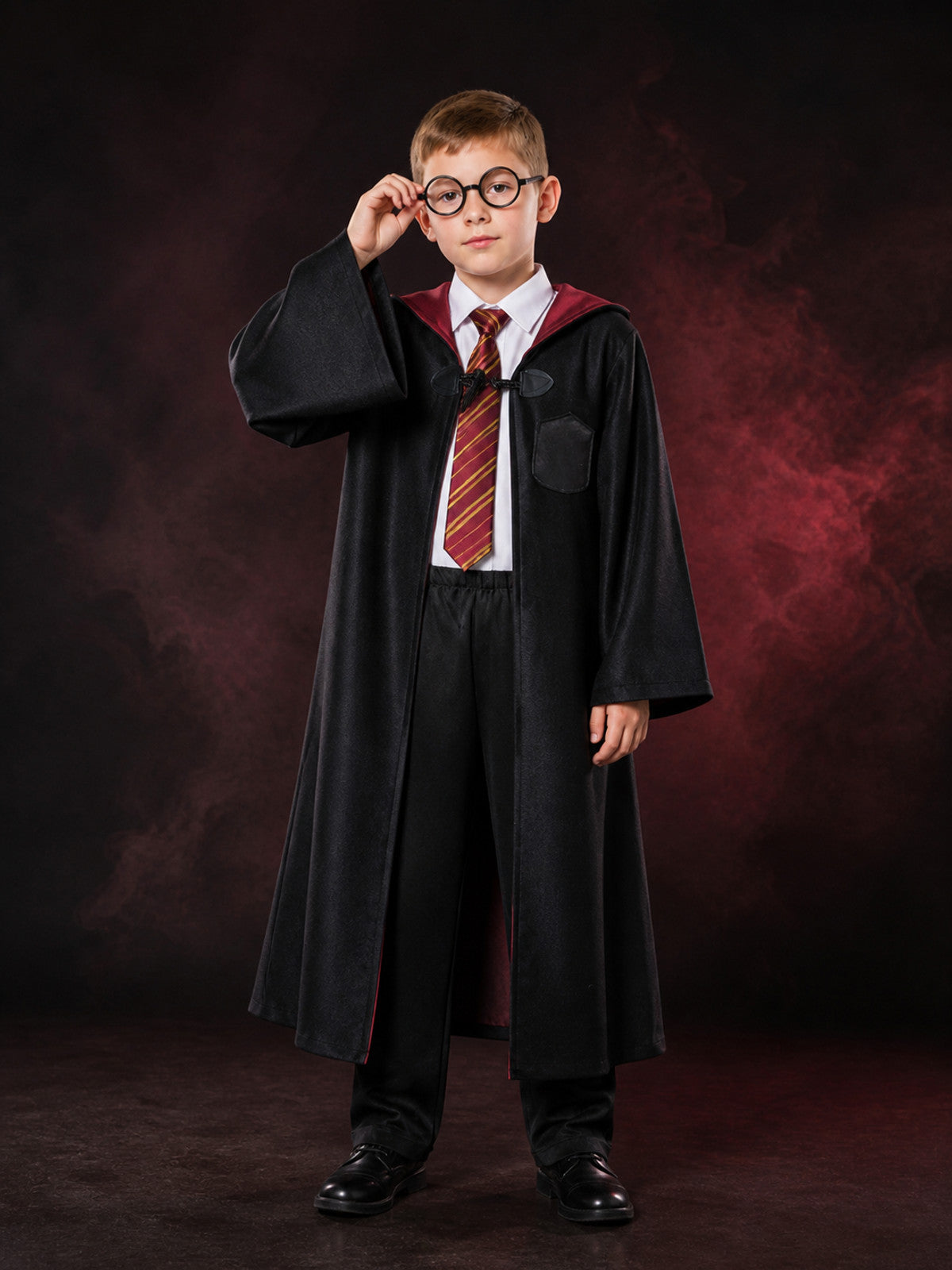 Kids Gryffindor Wizard Costume Set With Hooded Robe, Shirt, Pants, Tie And main product view