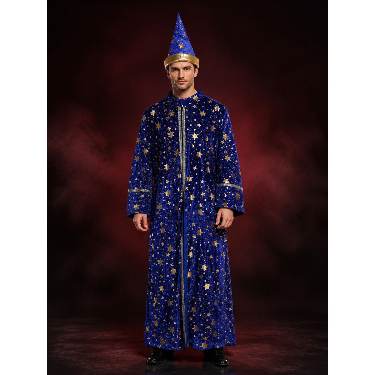 Blue Wizard Robe and Hat Costume Set with Gold Star Moon Print and Silver Trim lifestyle