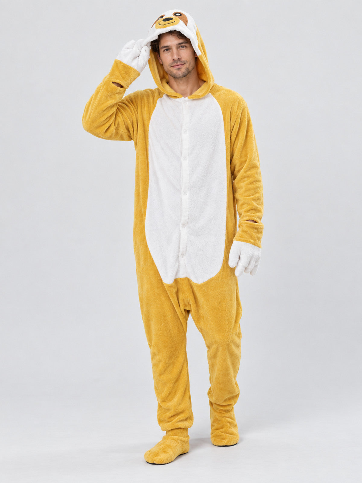 Yellow and White Flannel Kigurumi Pajama with Hood