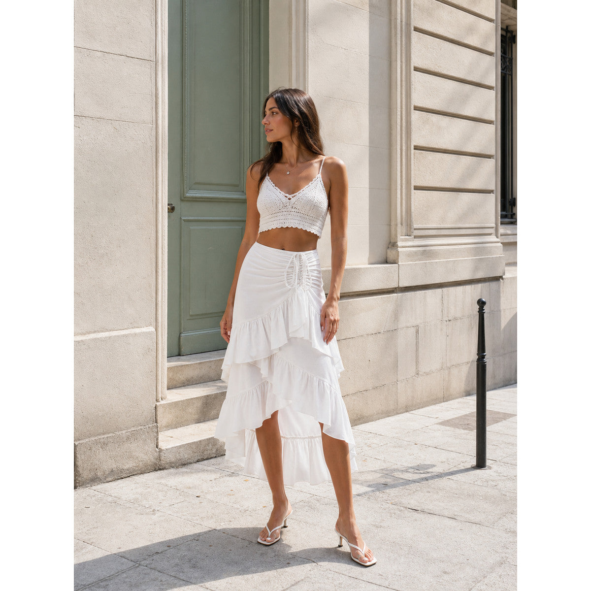White Asymmetrical Skirt with Tiered Ruffles and Drawstring