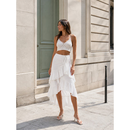 White Asymmetrical Skirt with Tiered Ruffles and Drawstring