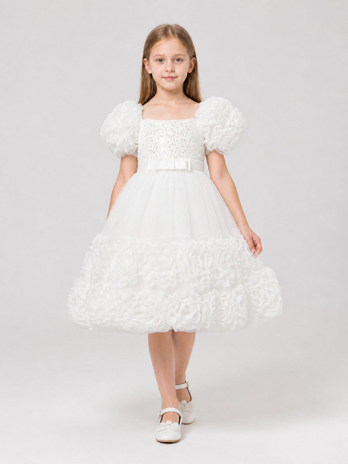 Princess Dress with Sequins, Full Skirt, and Puff Sleeves