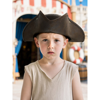 Dark brown tricorn pirate hat worn by a child in a front-facing portrait with a colorful nautical-themed background